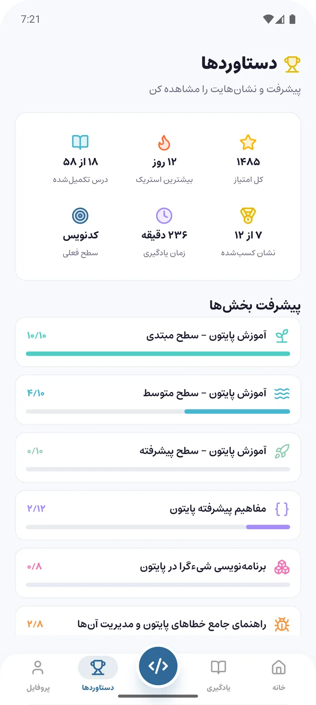 دستاوردها: امتیاز، استریک، زمان یادگیری و پیشرفت بخش‌ها
